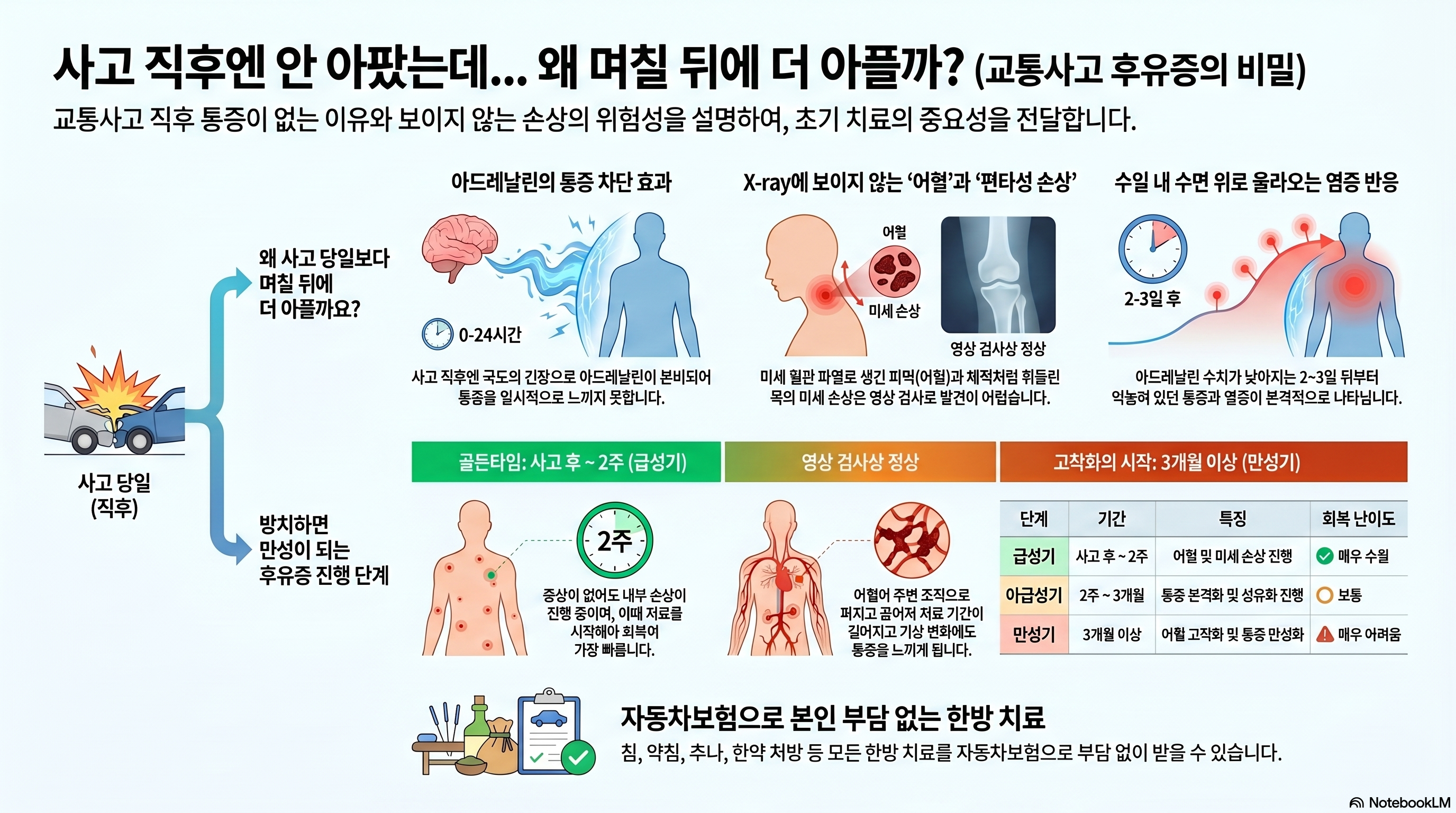 교통사고 후유증 — 사고 직후 안 아픈 이유와 어혈·편타성 손상·만성화 단계 인포그래픽