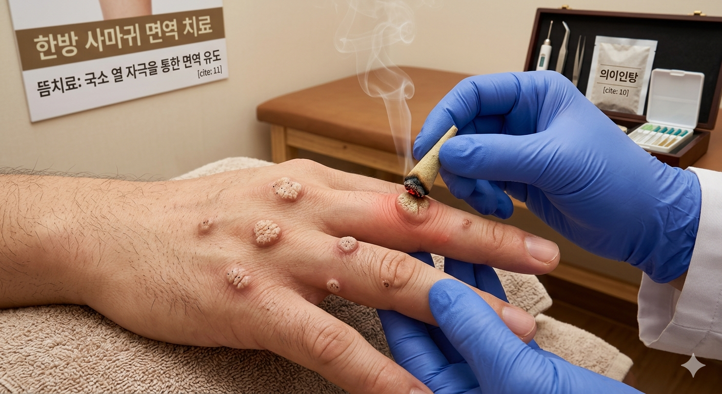 한방 사마귀 면역 치료 — 손등 사마귀에 뜸 치료를 시행하는 모습