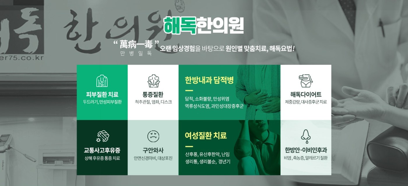 전주해독한의원 진료과목 안내 — 만병일독·해독요법 기반. 피부질환(두드러기·만성피부질환), 통증질환(척추관절·디스크), 한방내과·담적병(담적·소화불량·만성위염·역류성식도염·과민성대장증후군), 해독다이어트, 교통사고후유증, 구안와사, 여성질환(산후풍·유산후관리·난임·생리통·갱년기), 한방소아·어린이질환